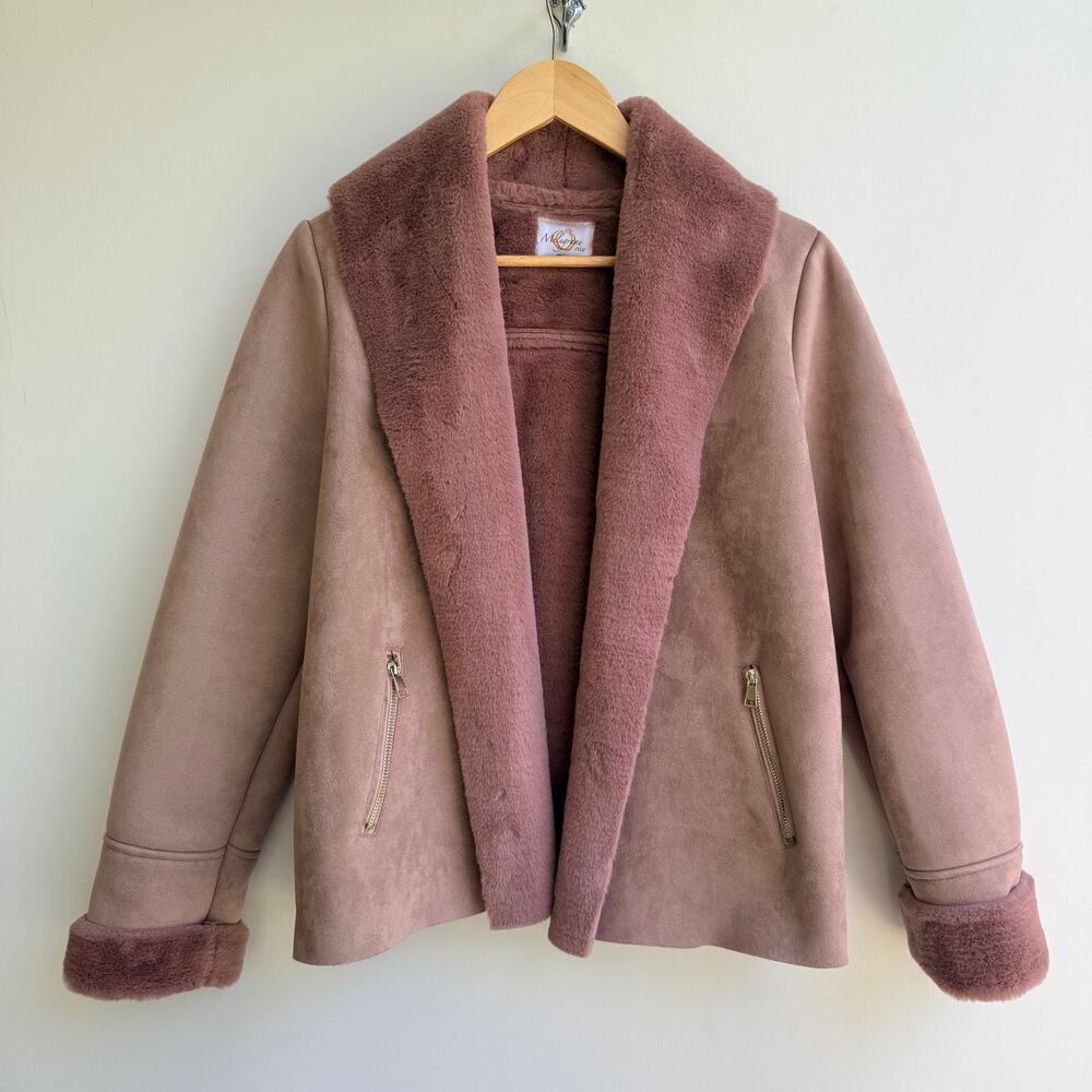 Melograno Rico Mauve Faux Suede Shearling Fur Jacket Coat Womens Large L